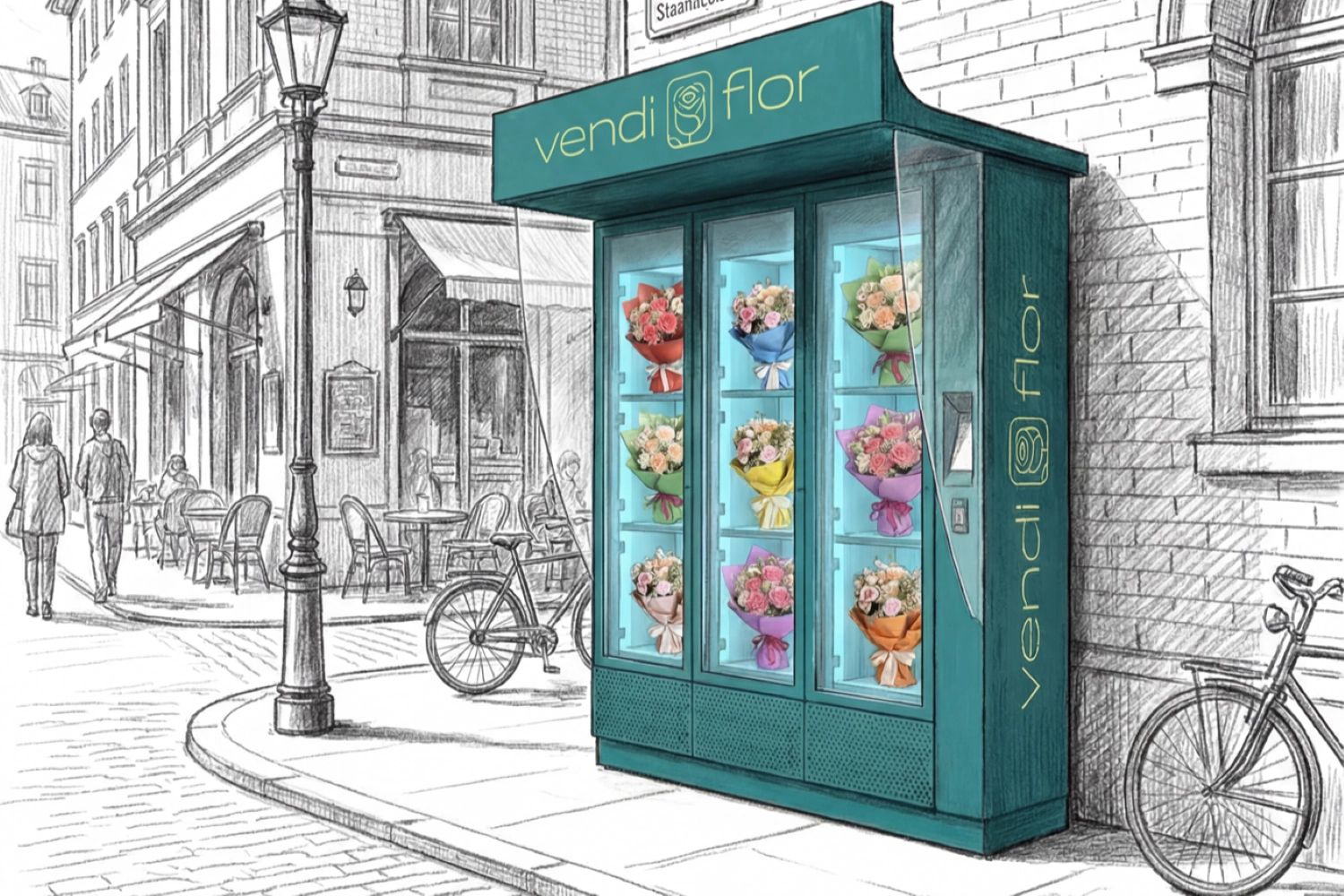 Kwiatomat w centrum miasta – elegancki automat do sprzedaży kwiatów ustawiony przy kamienicy, dostosowany do estetyki miejskiej i lokalnych przepisów krajobrazowych