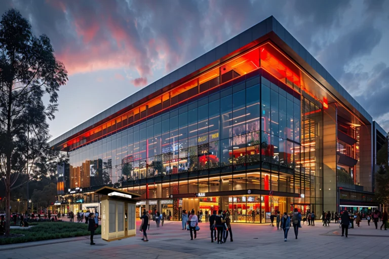 Kwiatomat VendiFlor ustawiony przed nowoczesnym centrum handlowym w miejskiej przestrzeni, jako przykład potencjału lokalizacji pod automat z kwiatami.