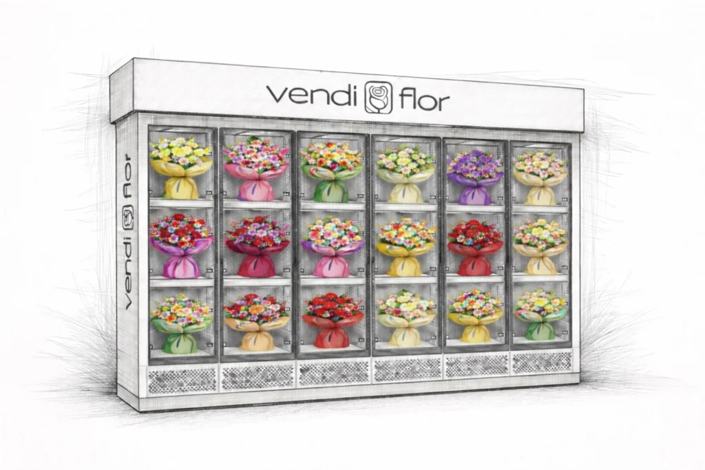 Przypadkowa ekspozycja bukietów w Kwiatomacie powodująca chaos kolorystyczny i brak czytelności oferty