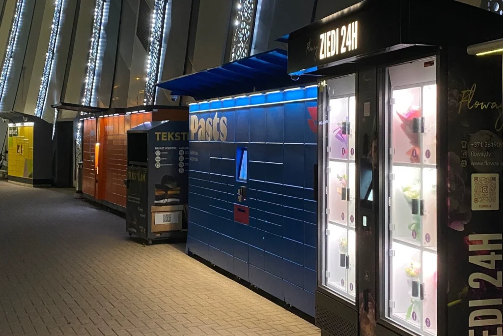 flower vending machine Flowey Riga night illuminated 24/7 retail