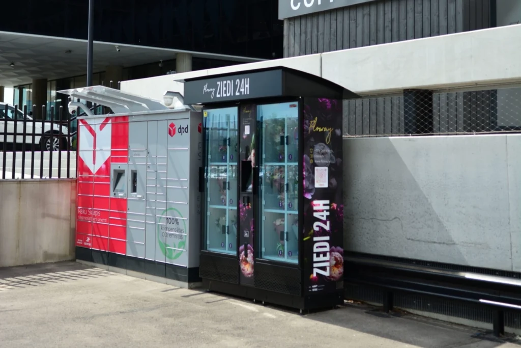 Flowey flower vending machines urban locations Riga Latvia 24/7 retail network
