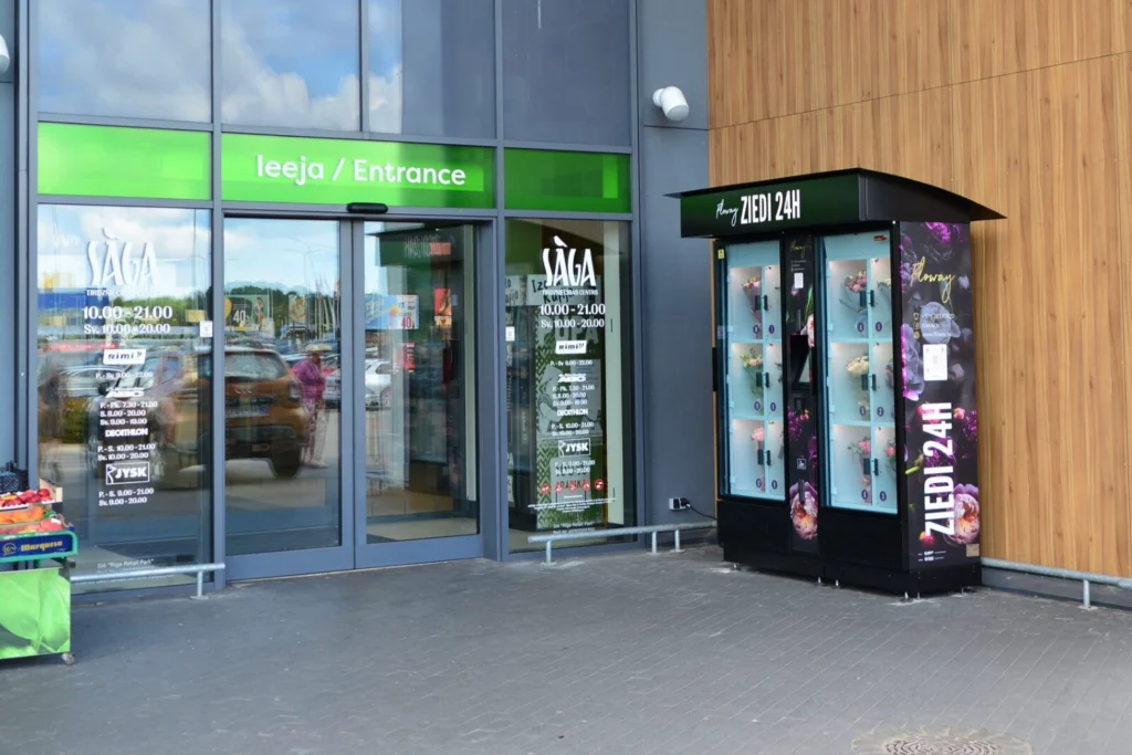 Flowey flower vending machines urban locations Riga Latvia 24/7 retail network