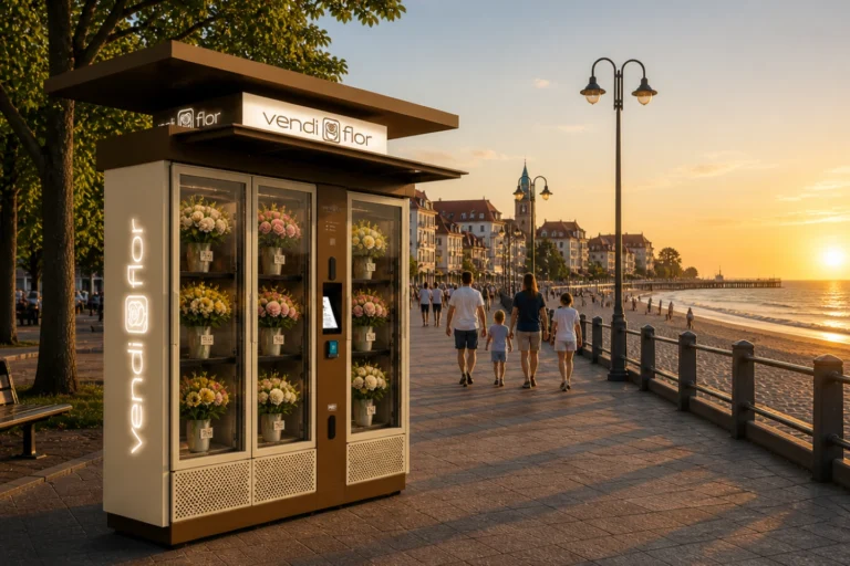 Kwiatomat VendiFlor na nadmorskiej promenadzie o zachodzie słońca, z bukietami kwiatów dostępnych 24/7
